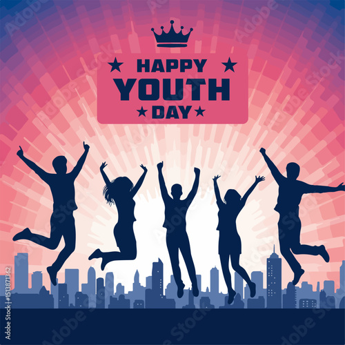 Celebrating International Youth Day Joyful Youth Jumping Silhouettes Against City Skyline