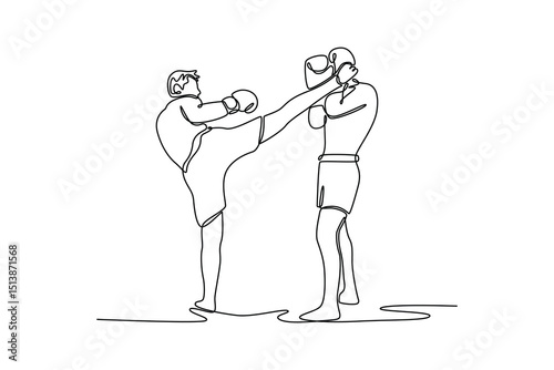 Continuous one line drawing muscular male Muay Thai boxer kicking his coach or personal training in gym or sports center. Professional trainer concept. Single line design vector graphic illustration
