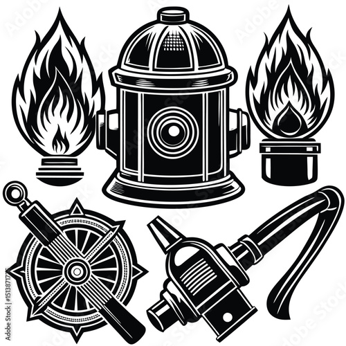 Firefighter Emblem and Icon Set – Vector Graphics Collection,
Black and White Firefighter Equipment and Symbol Illustrations,
Fireman Helmet, Hydrant, and Axe Logo Icons – Emergency Response Art.