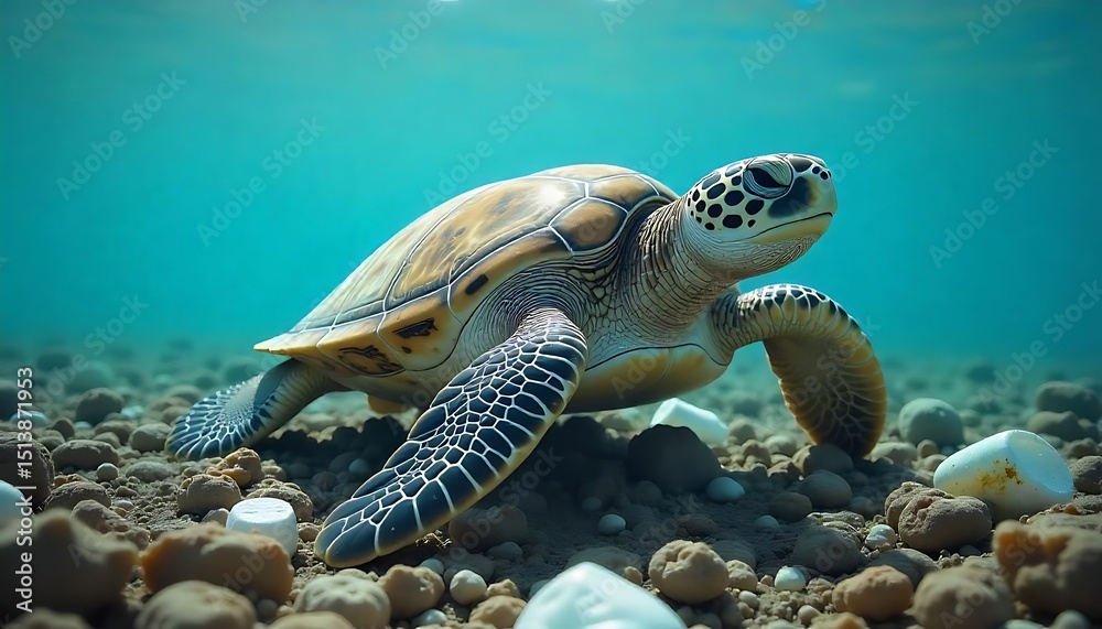 Fototapeta premium World Turtle Day sea turtle surrounded by plastic waste, World Turtle Day marine pollution crisis on beach, World Turtle Day endangered wildlife facing environmental threat. created with generative ai