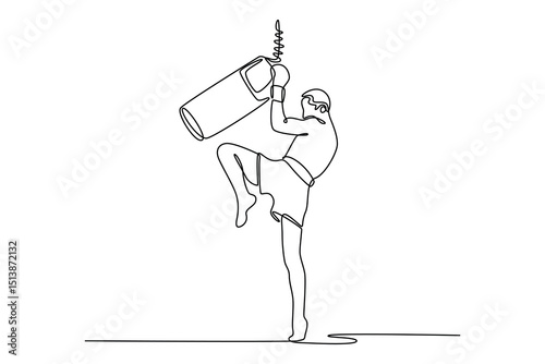 Single continuous line drawing Muay Thai fighter practicing with the punch bag in boxing gym. Thai boxing workout. Martial arts, sports action. Dynamic one line draw graphic design vector illustration