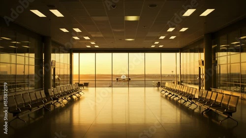 Cinematic sunset view of an empty airport terminal with golden light and airplane in the distance