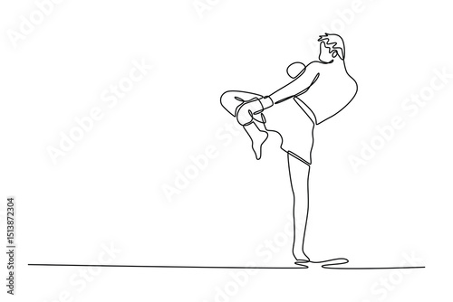 Single one line drawing professional Thai boxer practicing hits with a knee. The concept of sports, gym, boxing club. Mixed martial arts. Modern continuous line draw design graphic vector illustration