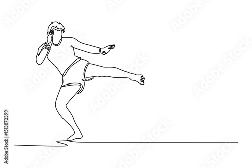 Single one line drawing Muay Thai fighter practicing, training martial arts in action, motion. Healthy lifestyle, sport, asian culture concept. Continuous line draw design graphic vector illustration