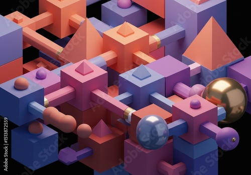 Abstract 3D composition of interconnected geometric shapes in vibrant colors