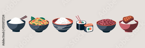 Icon collection of rice-based meals – Great for restaurant menus, cultural food promotions, or food delivery content