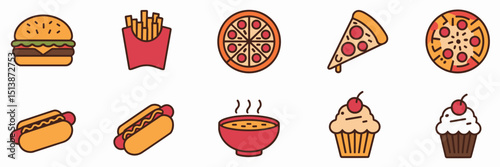 Flat cafeteria food icons on white background – Ideal for food court branding, school meal materials, or menu design