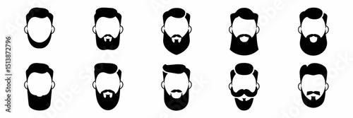 Mustached male icons with 10 different beard types in flat design style