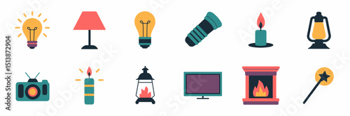 Glowing icons of light sources and effects – Perfect for lighting design, magic-themed content, or technology illustrations.