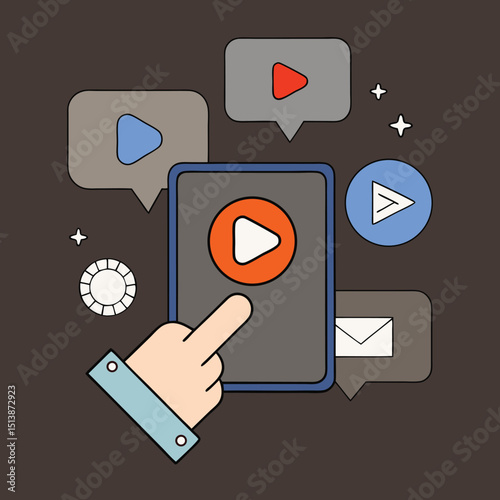Flat design vector illustration of a hand holding a mobile phone with a social network cloud icon, ideal for web and mobile applications