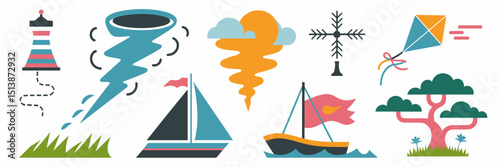Wind-related vector icons including tornado, sailboat, and weather vane