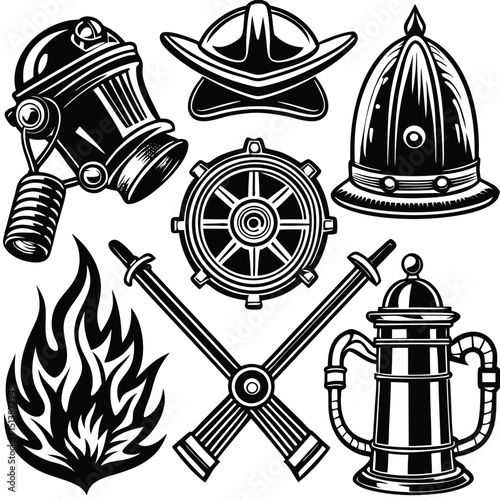 Firefighter Emblem and Icon Set – Vector Graphics Collection,
Black and White Firefighter Equipment and Symbol Illustrations,
Fireman Helmet, Hydrant, and Axe Logo Icons – Emergency Response Art.