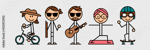 Stick figures doing activities like biking, playing guitar, doing yoga, and skateboarding – Suitable for lifestyle infographics, youth branding, or activity planners