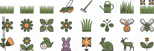 Grass-related icons with gardening tools and animals – Ideal for landscaping websites, springtime promotions, or eco-friendly products.
