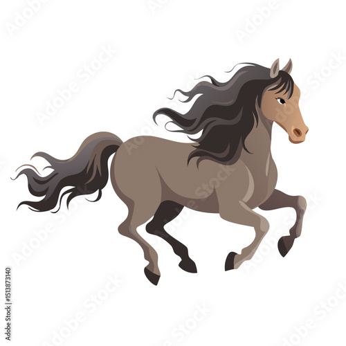 Vector illustration of a regal horse with a flowing mane in mid-gallop on white background