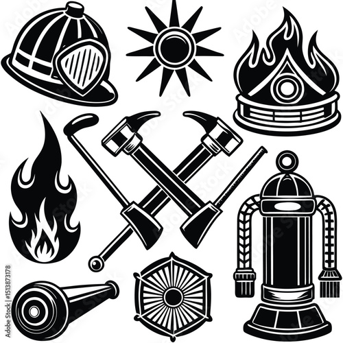 Firefighter Emblem and Icon Set – Vector Graphics Collection,
Black and White Firefighter Equipment and Symbol Illustrations,
Fireman Helmet, Hydrant, and Axe Logo Icons – Emergency Response Art.
