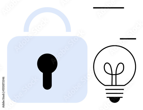 Padlock symbol next to a light bulb, combining themes of security and ideas. Ideal for innovation, cybersecurity, intellectual property, problem-solving, data protection, creativity, and strategy