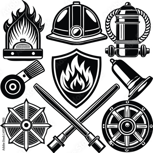 Firefighter Emblem and Icon Set – Vector Graphics Collection,
Black and White Firefighter Equipment and Symbol Illustrations,
Fireman Helmet, Hydrant, and Axe Logo Icons – Emergency Response Art.