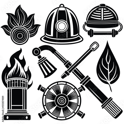 Firefighter Emblem and Icon Set – Vector Graphics Collection,
Black and White Firefighter Equipment and Symbol Illustrations,
Fireman Helmet, Hydrant, and Axe Logo Icons – Emergency Response Art.