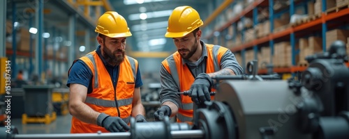 Two pro engineers in safety helmets and vests checking machinery in industrial manufacturing factory. Men at work in metal workshop at production line. Technician, worker, plant, warehouse employee.