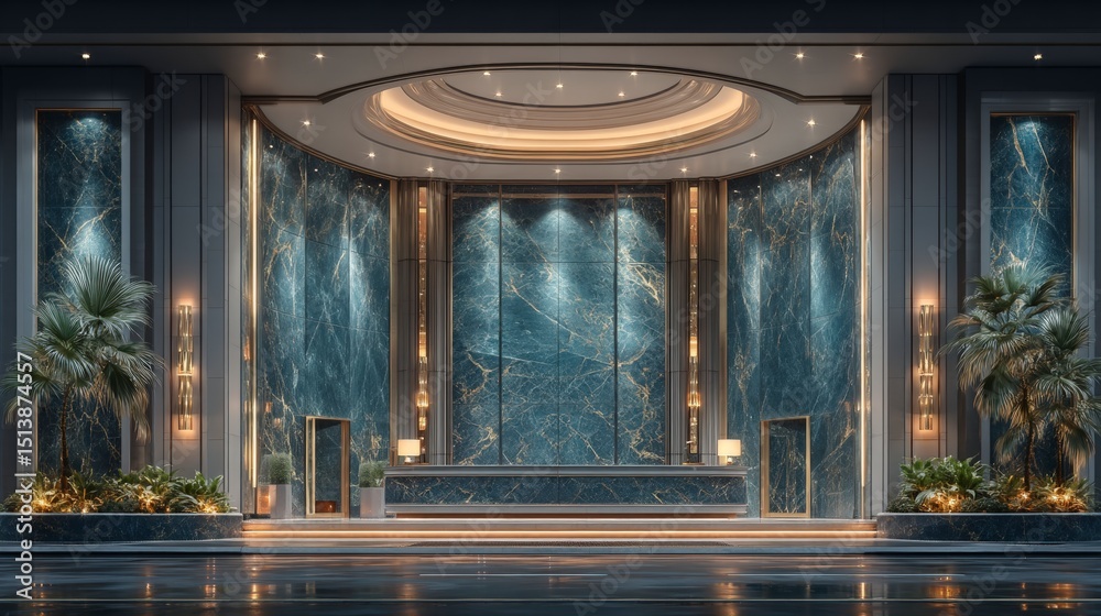 Obraz premium Modern Luxury Hotel Lobby Night Entrance Teal Marble 8K