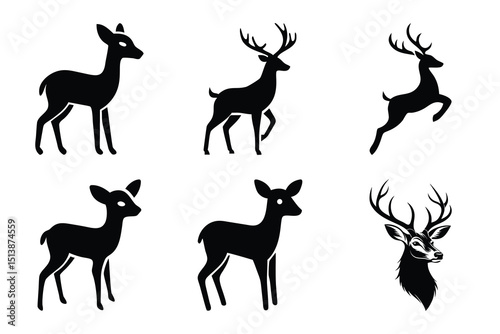 Set of Black Deer Silhouettes Fawn, Doe, Buck and Jumping Deer