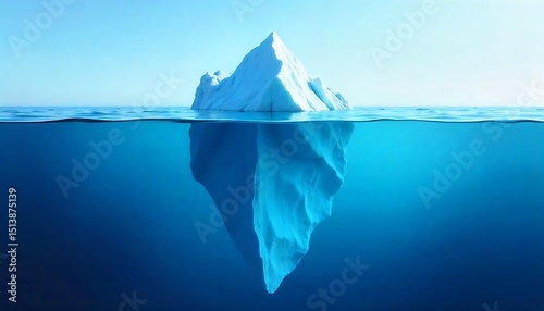 An iceberg visible above and below water on a clear blue background, illustrating the concept of hidden depth, created with generative ai