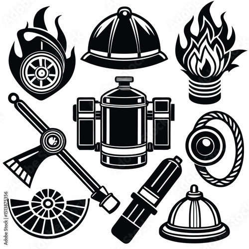 Firefighter Emblem and Icon Set – Vector Graphics Collection,
Black and White Firefighter Equipment and Symbol Illustrations,
Fireman Helmet, Hydrant, and Axe Logo Icons – Emergency Response Art.