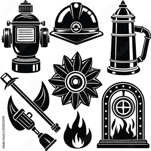 Firefighter Emblem and Icon Set – Vector Graphics Collection,
Black and White Firefighter Equipment and Symbol Illustrations,
Fireman Helmet, Hydrant, and Axe Logo Icons – Emergency Response Art.