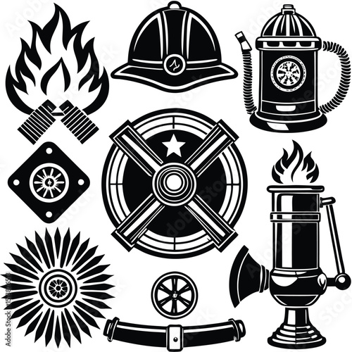 Firefighter Emblem and Icon Set – Vector Graphics Collection,
Black and White Firefighter Equipment and Symbol Illustrations,
Fireman Helmet, Hydrant, and Axe Logo Icons – Emergency Response Art.