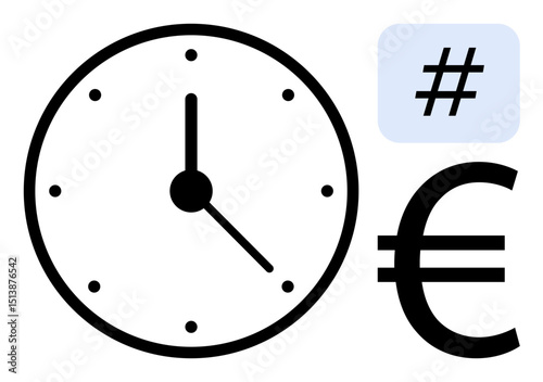 Clock, Euro sign, and metadata tag symbol convey connection between time, finances, and online engagement. Ideal for time management, budgeting, trends, work efficiency deadlines digital presence