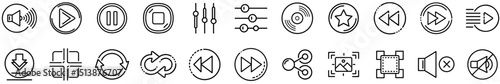 Multimedia Control themed Line Vector Icon Set. Includes volume, play, pause, rewind, fast - forward, equalizer, download, share, star, mute icons and more. Editable icons. Vector illustrations.