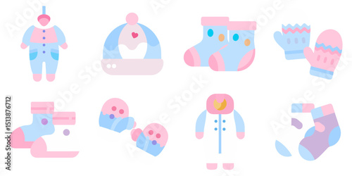 Icons of cozy baby winter clothing illustrations featuring hats, mittens, socks, and snowsuits 