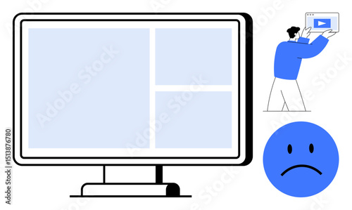 Large monitor with blank interface, person holding a video icon card, blue sad face emoticon. Ideal for technology, troubleshooting, video content, error, user experience, online education simple