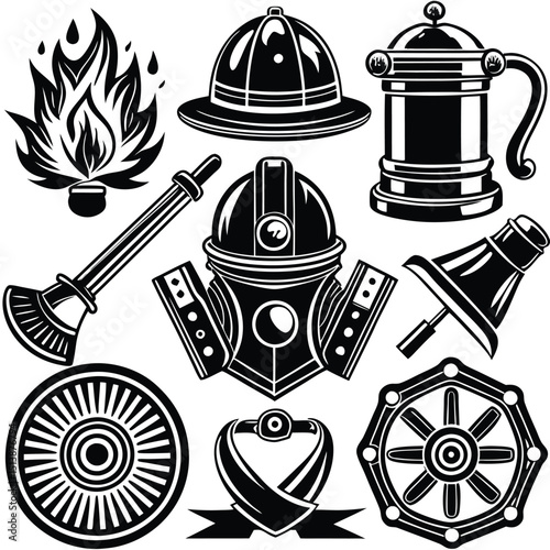 Firefighter Emblem and Icon Set – Vector Graphics Collection,
Black and White Firefighter Equipment and Symbol Illustrations,
Fireman Helmet, Hydrant, and Axe Logo Icons – Emergency Response Art.