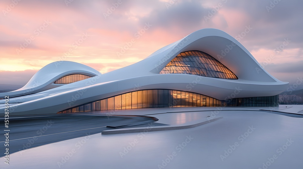 Obraz premium Modern architectural structure at dawn.