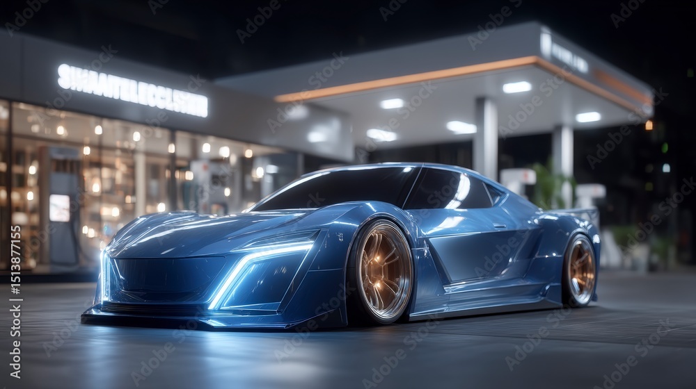 Naklejka premium Futuristic Electric Sports Car Charging at Night