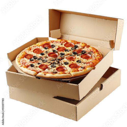 Delicious pepperoni and olive pizza in cardboard box