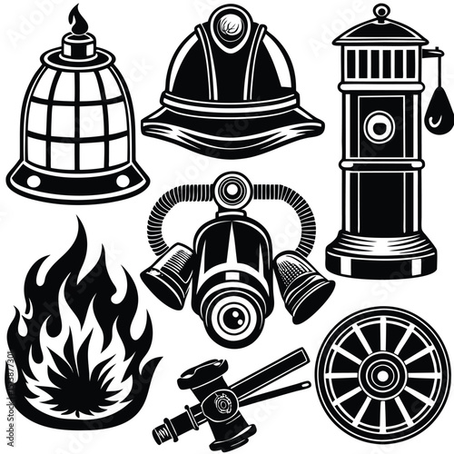 Firefighter Emblem and Icon Set – Vector Graphics Collection,
Black and White Firefighter Equipment and Symbol Illustrations,
Fireman Helmet, Hydrant, and Axe Logo Icons – Emergency Response Art.
