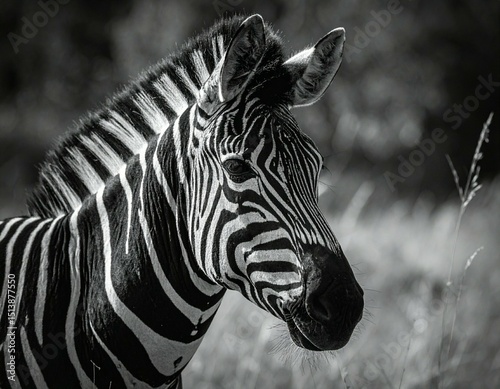 Zebra portrait in black and white showing stripes and mane in a field looking to the right