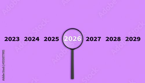 Lens, magnifying glass focusing on the year 2026 on a Purple background. Financial or stock market strategies and past and future events.