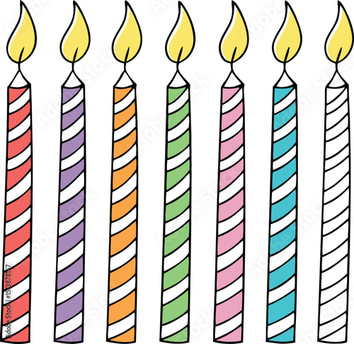Colorful hand drawn birthday candles with flames in a row for party decorations