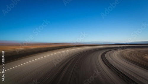 Dynamic Desert Highway Motion Blur Photography of a Winding Road Under a Vivid Blue Sky