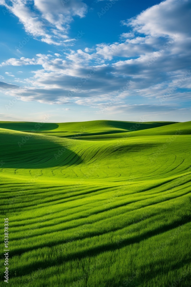 Fototapeta premium Rolling green hills under a blue sky with fluffy clouds