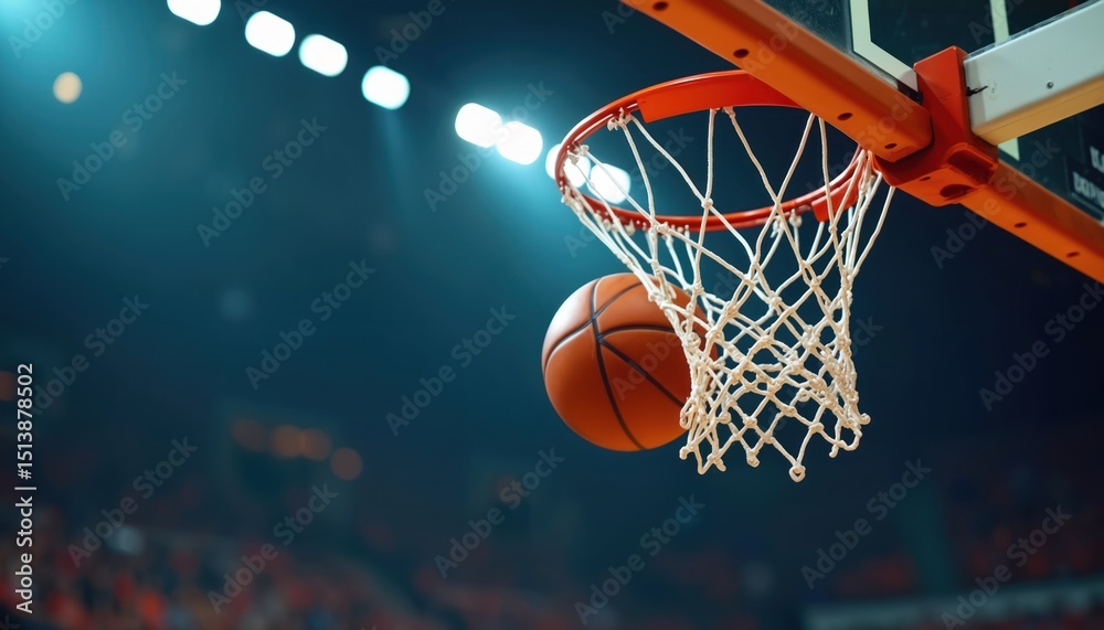 Fototapeta premium Basketball ball goes through net. Sport action, indoor game. Orange leather ball, white nylon net, orange backboard rim. Basketball match, competition in arena, focus on score.