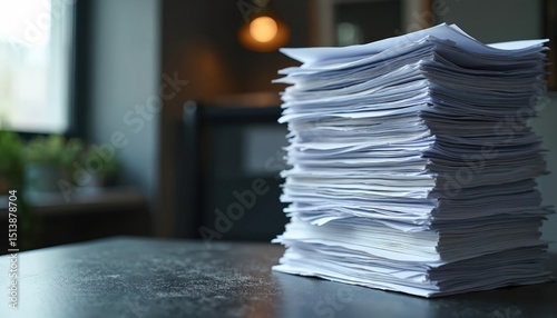 Pile paperwork on office desk. Documents, papers, files, reports, contracts stacked high. Concept of business stagnation, bureaucracy, excessive workload. Delay, overtime, workflow process.