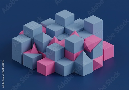 Abstract 3D shapes, light blue and pink cubes and pyramids on dark background