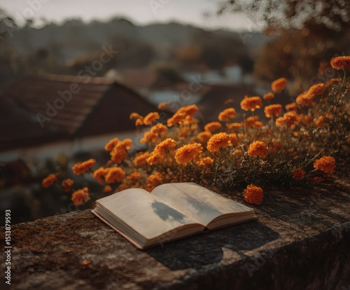 Open book on stone surface in warm sunlight creates sense of learning