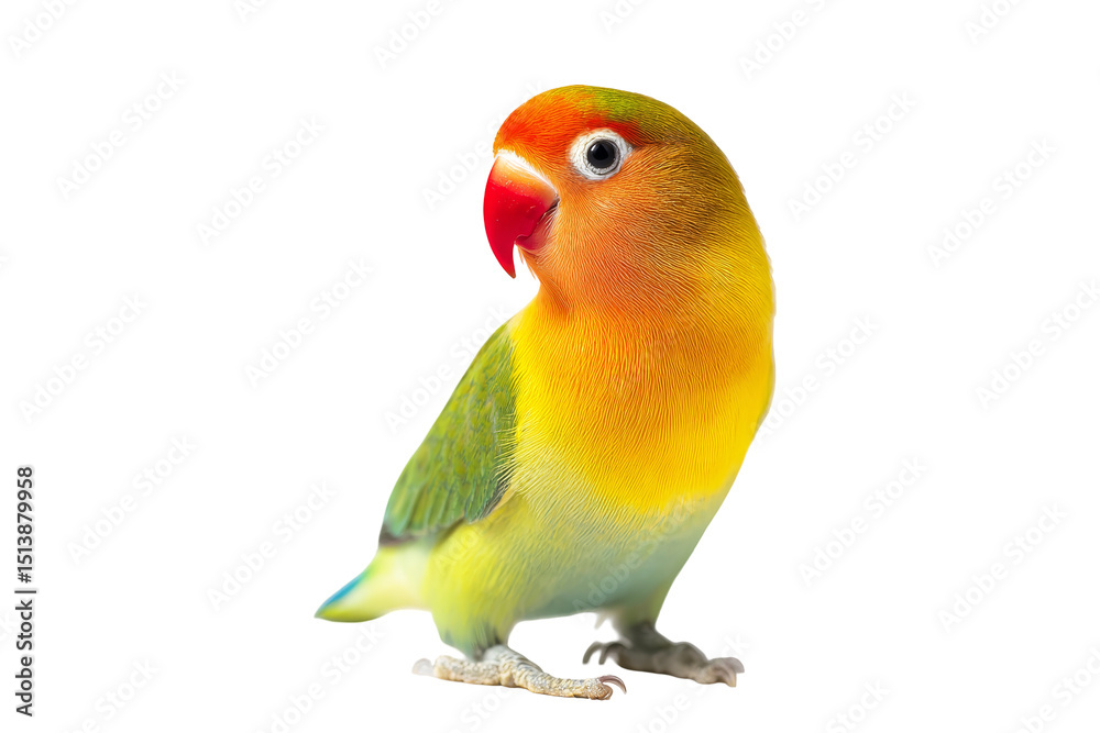 Obraz premium Colorful lovebird perched, vibrant green and orange feathers, bright expression, suitable for pet-related content or nature themes. Isolated on white background or PNG