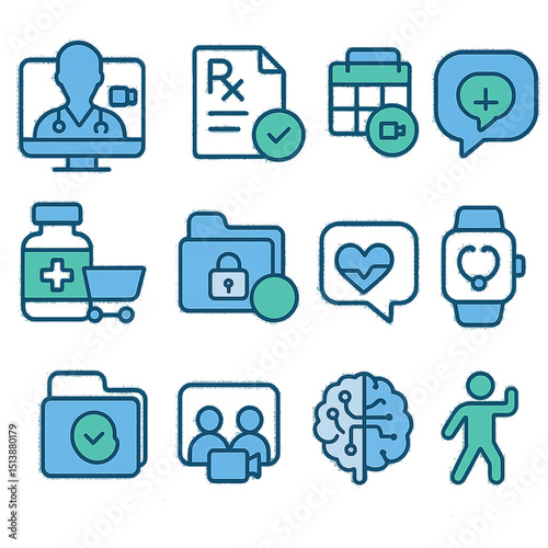 Modern Telemedicine Icon Set – Flat Medical Vector Pack with Transparent Background